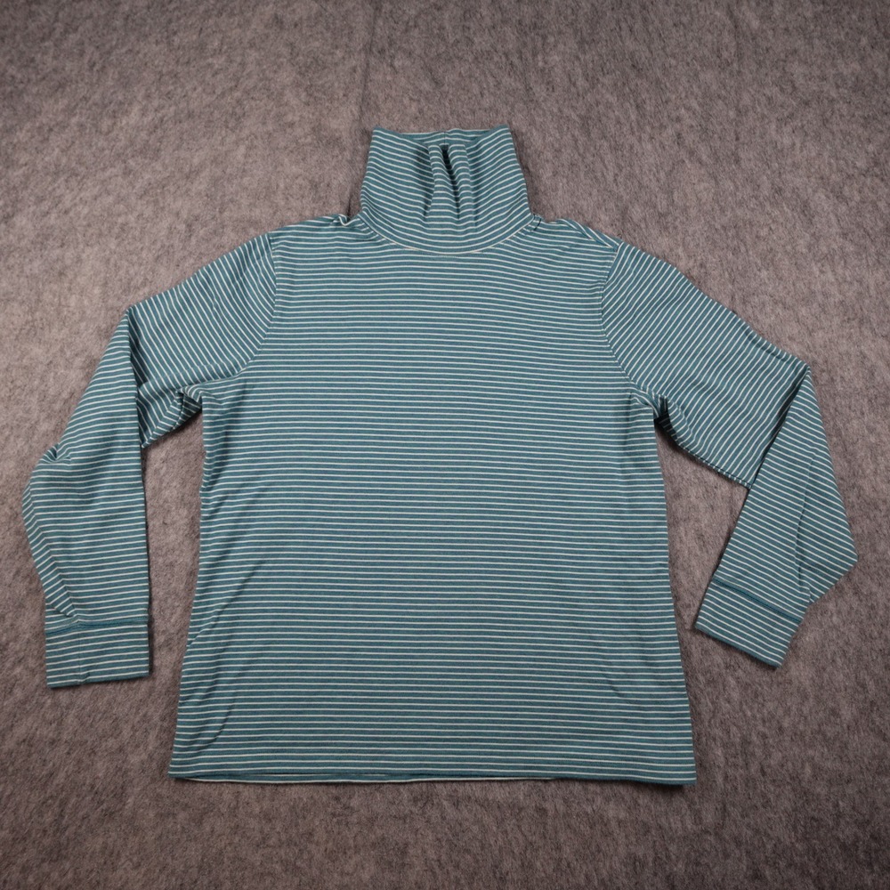 LL Bean Top Women Large Blue White Striped Cotton Turtleneck Long Sleeve Tee